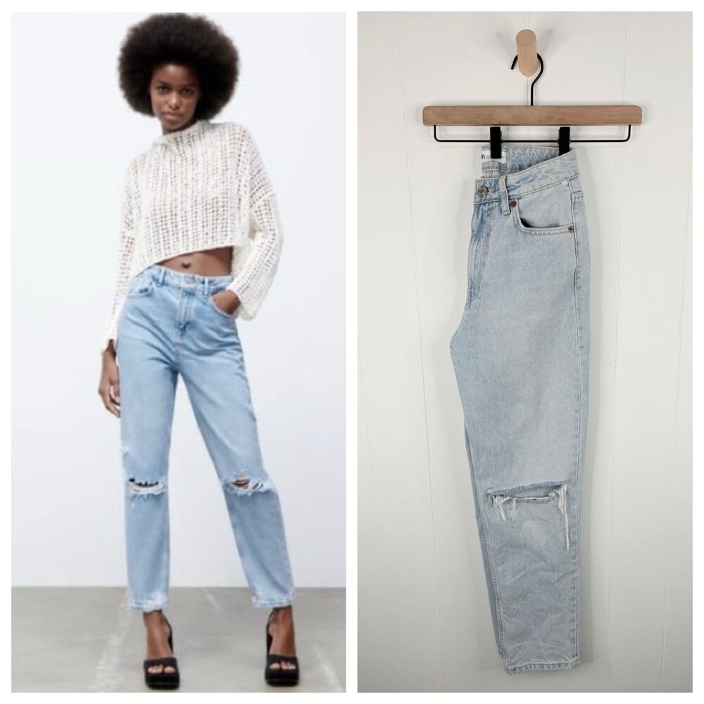 ✨2/$30✨ Zara High Rise Mom Jeans Size 2 Light Wash Ripped Distressed Denim